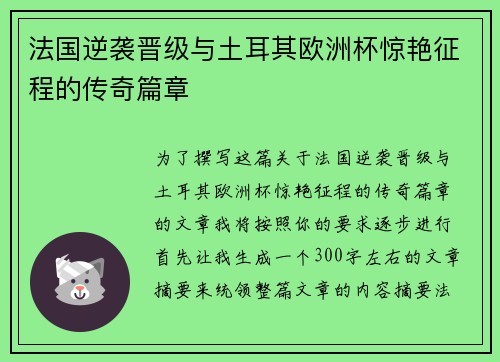 法国逆袭晋级与土耳其欧洲杯惊艳征程的传奇篇章
