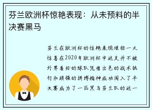 芬兰欧洲杯惊艳表现：从未预料的半决赛黑马