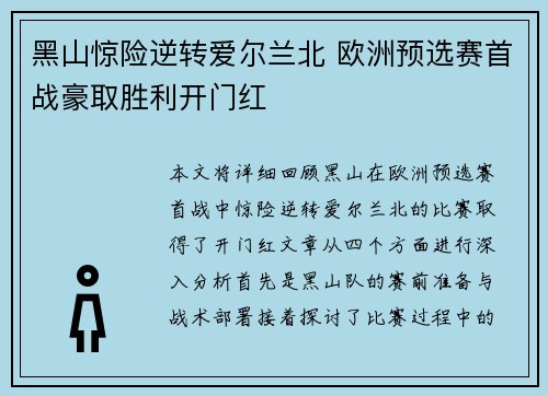 黑山惊险逆转爱尔兰北 欧洲预选赛首战豪取胜利开门红